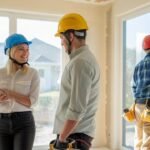 Une propriétaire échange avec un ouvrier pendant qu’un autre travaille sur un mur en rénovation.