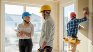 Une propriétaire échange avec un ouvrier pendant qu’un autre travaille sur un mur en rénovation.